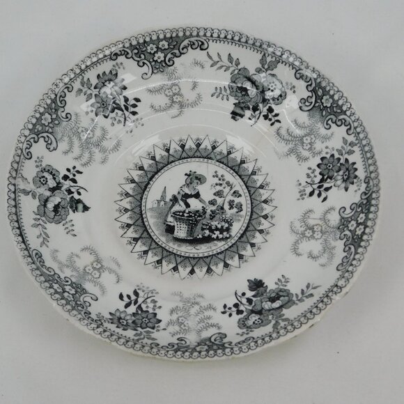 Staffordshire Transferware Saucer Black White Grape Gathering Scene 6" wide FLAW - Picture 1 of 8